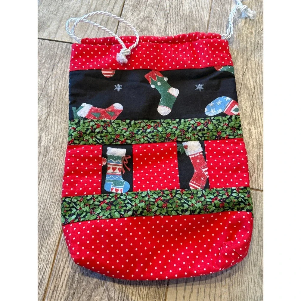 Set of 2 Handmade Fabric Cloth Christmas Bags Holiday Drawstring Totes Sack Gift